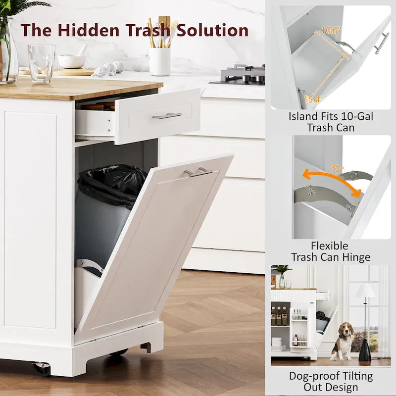 Fluted Kitchen Island with Trash Can Storage Cabinet Power Outlet and 5 Wheels