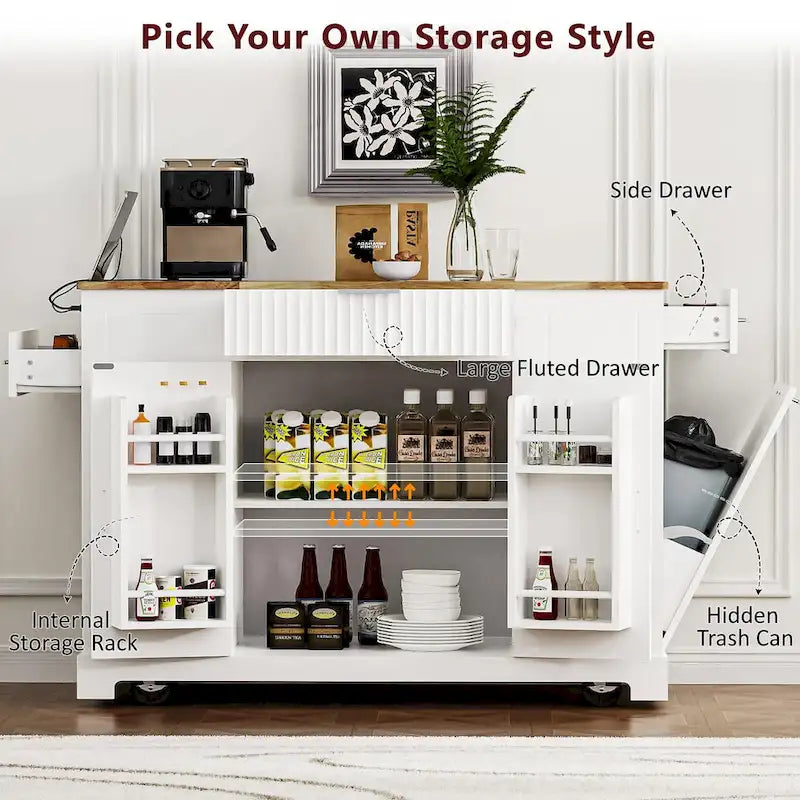 Fluted Kitchen Island with Trash Can Storage Cabinet Power Outlet and 5 Wheels