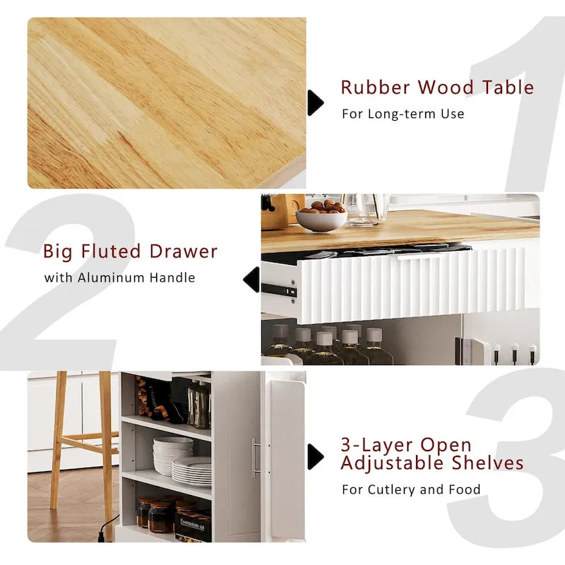 Fluted Kitchen Island with Trash Can Storage Cabinet Power Outlet and 5 Wheels