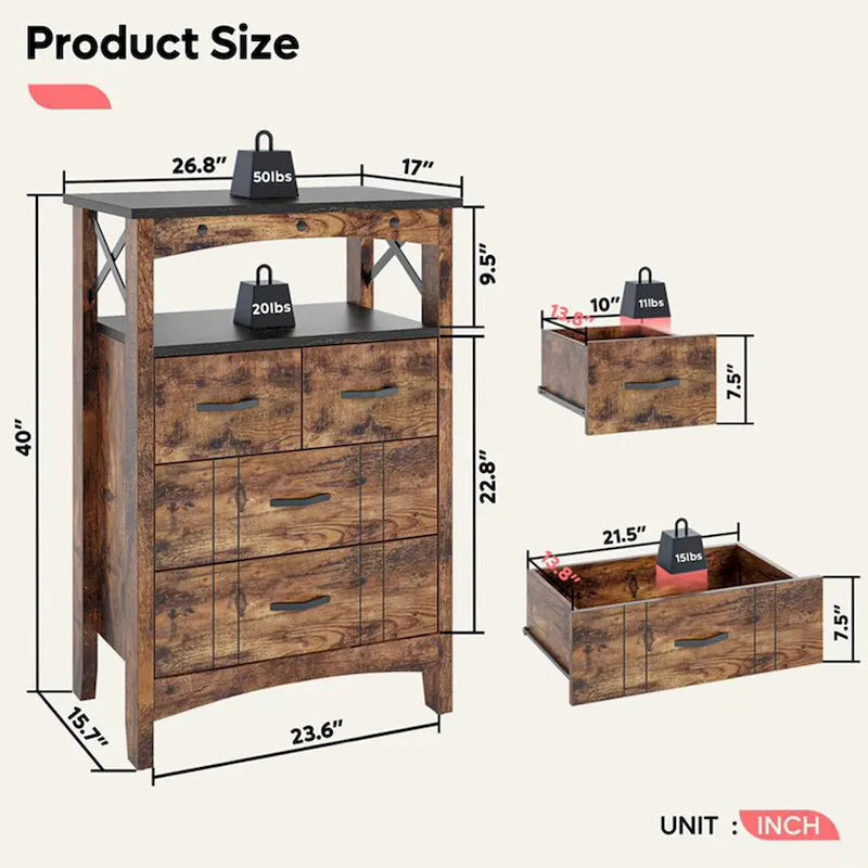 Meuble de rangement rustique marron foncé avec 2 étagères et 4 tiroirs