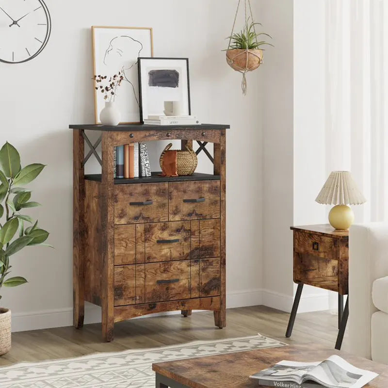 Meuble de rangement rustique marron foncé avec 2 étagères et 4 tiroirs