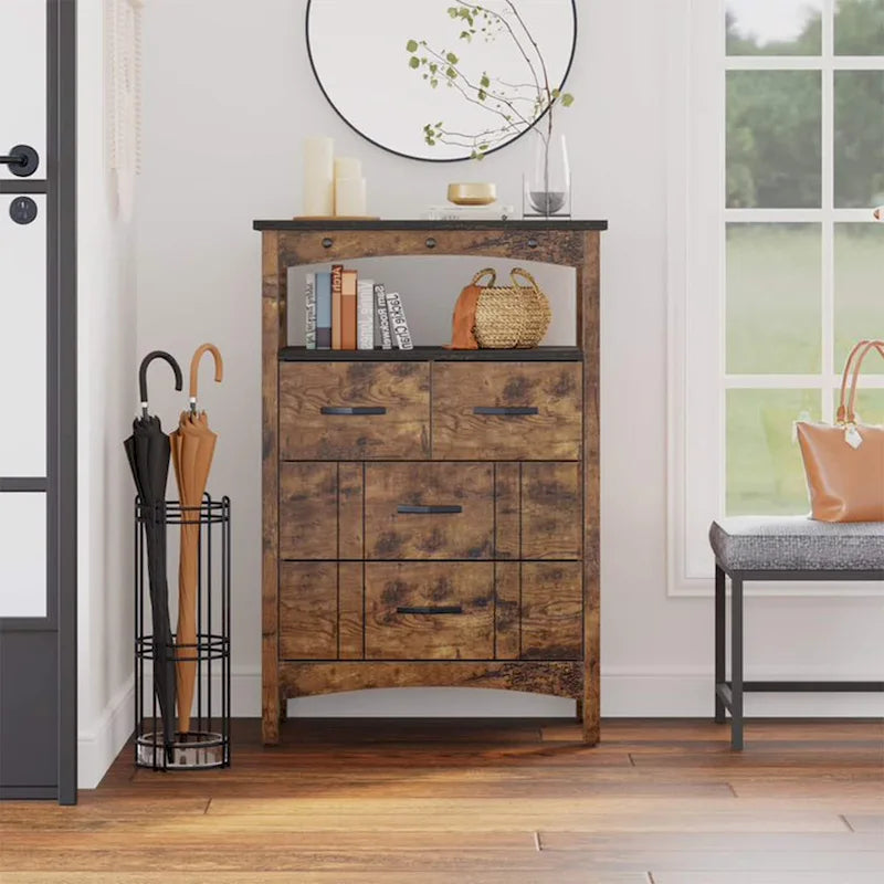 Meuble de rangement rustique marron foncé avec 2 étagères et 4 tiroirs