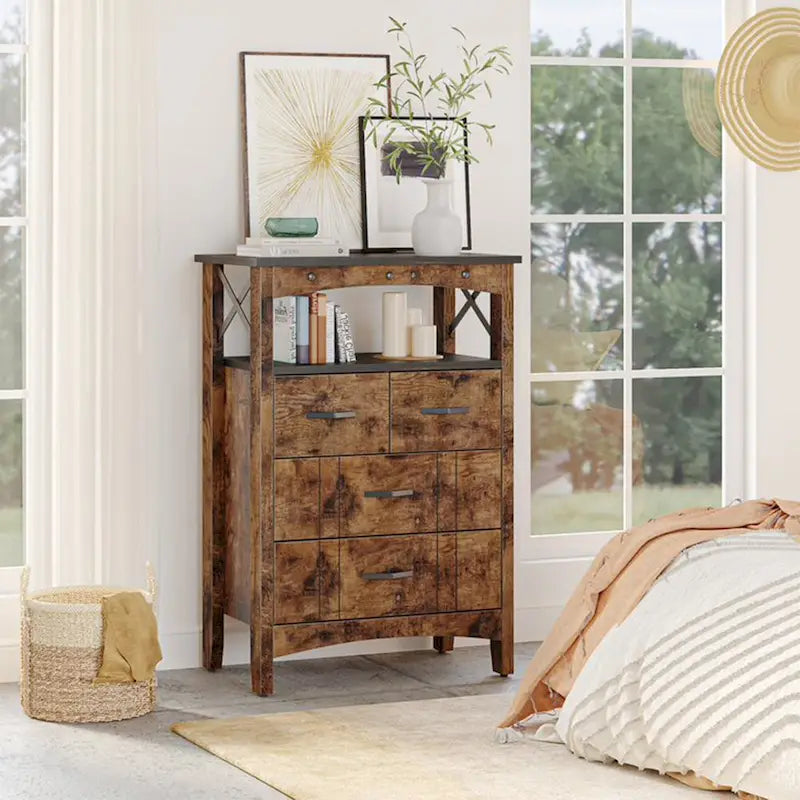 Meuble de rangement rustique marron foncé avec 2 étagères et 4 tiroirs