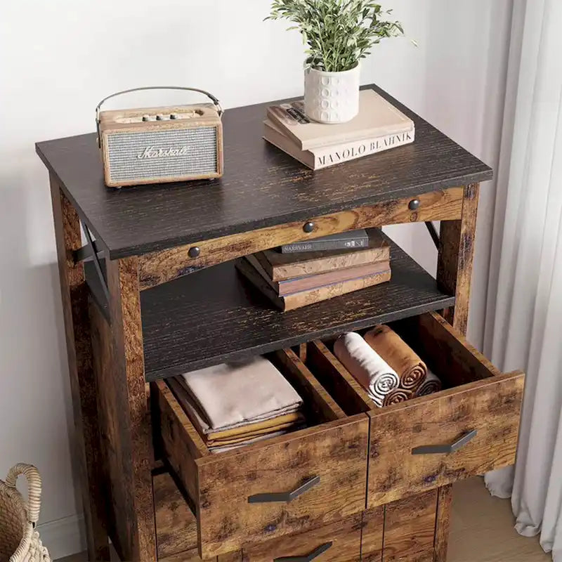 Meuble de rangement rustique marron foncé avec 2 étagères et 4 tiroirs