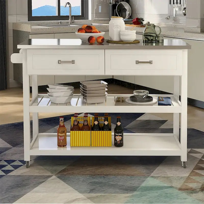 Stainless Steel Tabletop White Kitchen Cart with Two Drawers