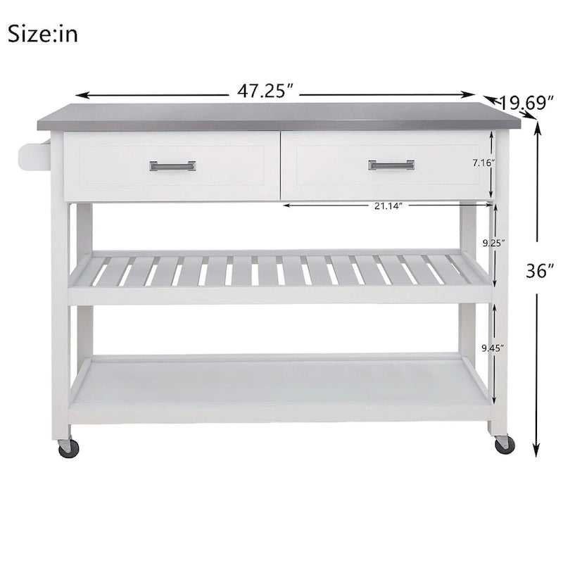 Stainless Steel Tabletop White Kitchen Cart with Two Drawers