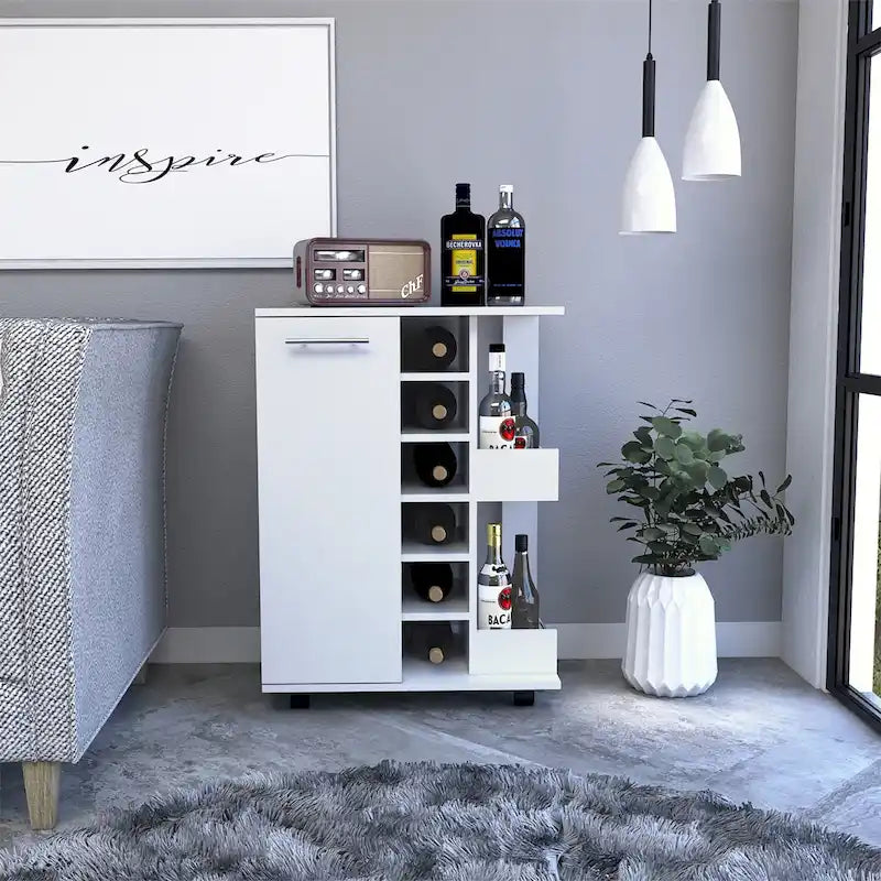 Chariot de bar avec casier à vin, armoire à 1 porte et 6 porte-bouteilles, 60x37,5x82 cm.