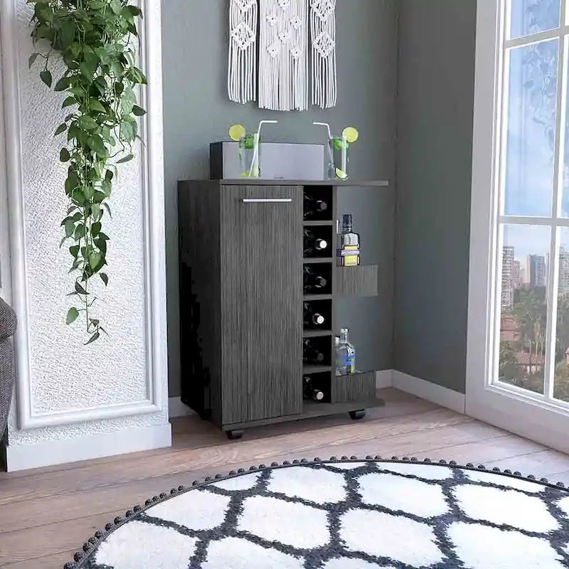 Chariot de bar avec casier à vin, armoire à 1 porte et 6 porte-bouteilles, 60x37,5x82 cm.