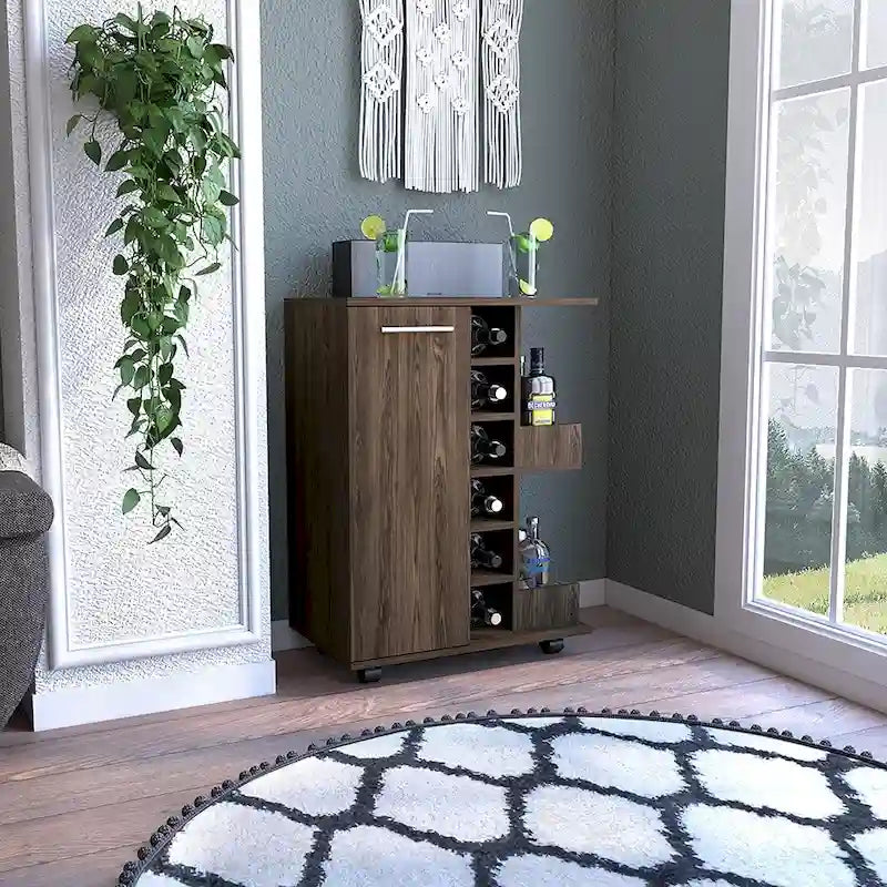 Wooden Bar Cart, Kitchen Serving Cart with Wine Rack and 1-Door Cabinet, 23.6x14.8x32.2 in.