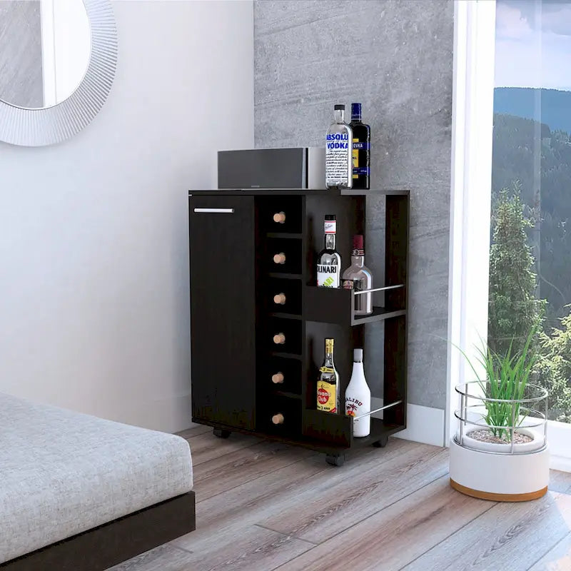 Chariot de bar avec casier à vin, armoire à 1 porte et 6 porte-bouteilles, 60x37,5x82 cm.
