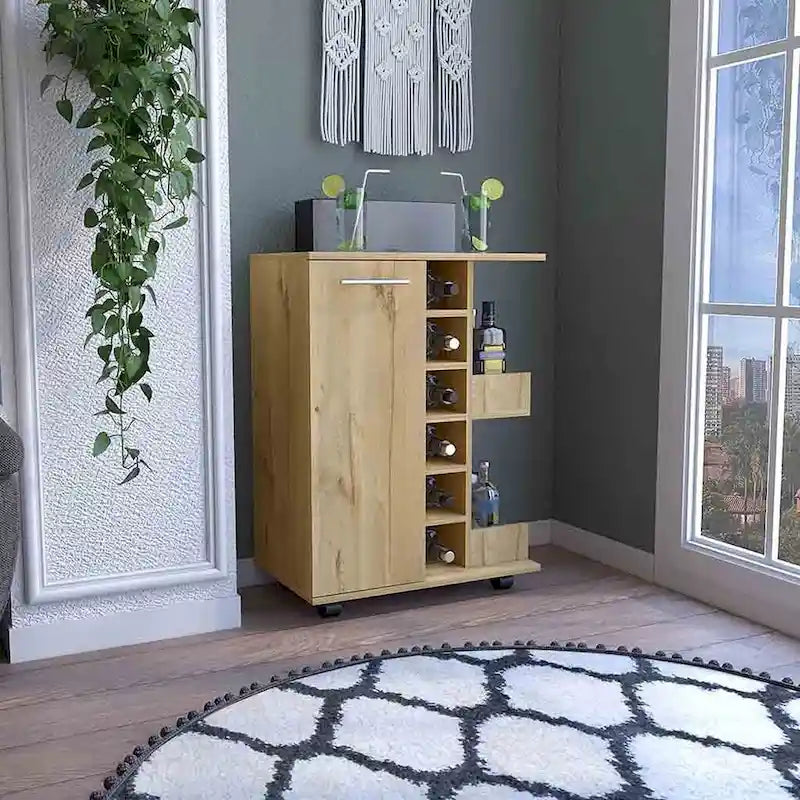 Chariot de bar avec casier à vin, armoire à 1 porte et 6 porte-bouteilles, 60x37,5x82 cm.