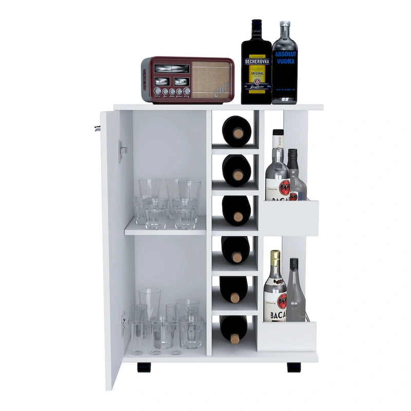 Chariot de bar avec casier à vin, armoire à 1 porte et 6 porte-bouteilles, 60x37,5x82 cm.