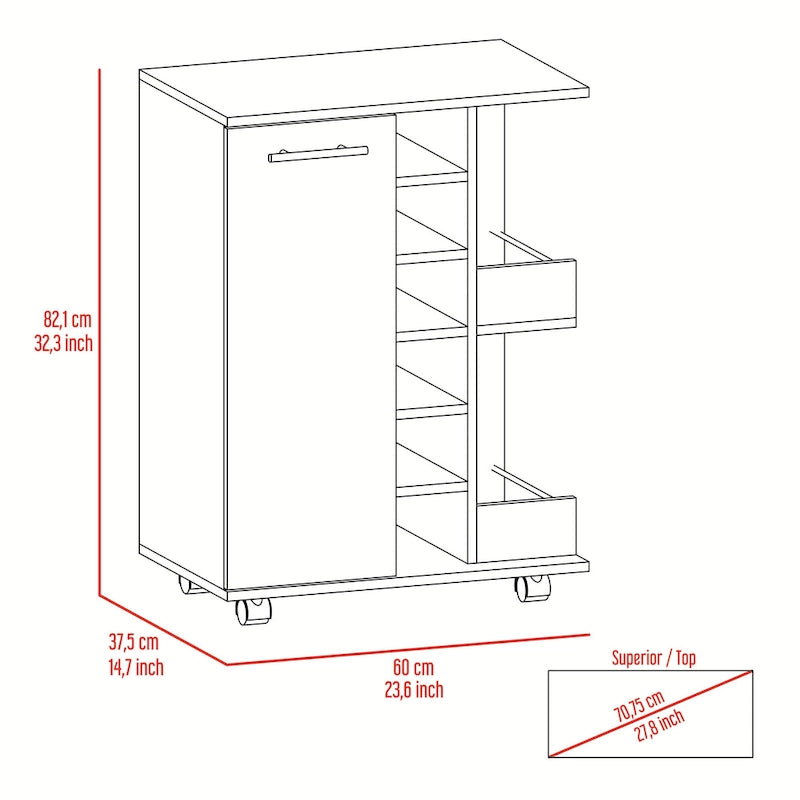 Chariot de bar avec casier à vin, armoire à 1 porte et 6 porte-bouteilles, 60x37,5x82 cm.