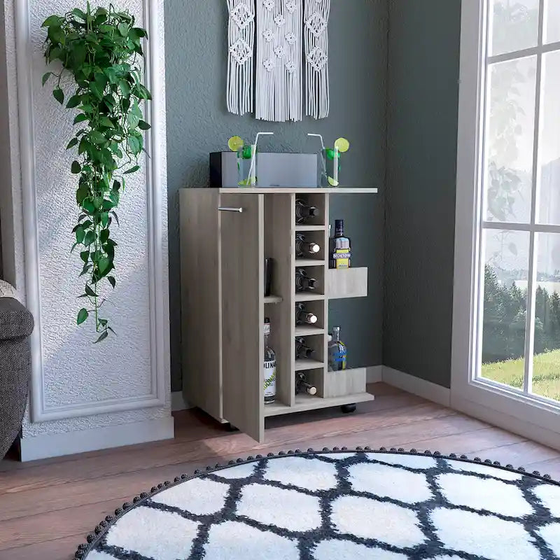 Chariot de bar avec casier à vin, armoire à 1 porte et 6 porte-bouteilles, 60x37,5x82 cm.