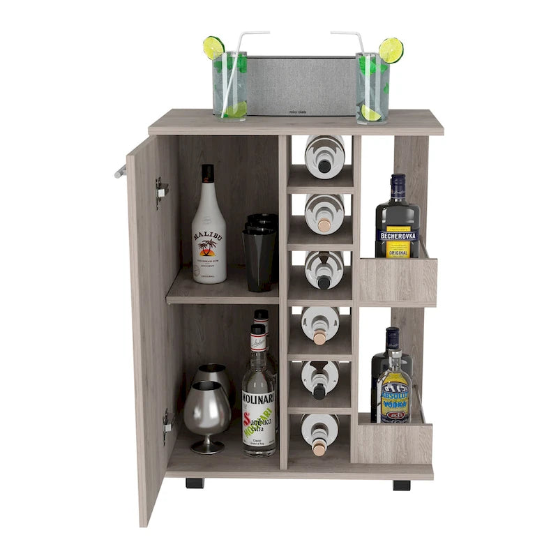 Chariot de bar avec casier à vin, armoire à 1 porte et 6 porte-bouteilles, 60x37,5x82 cm.