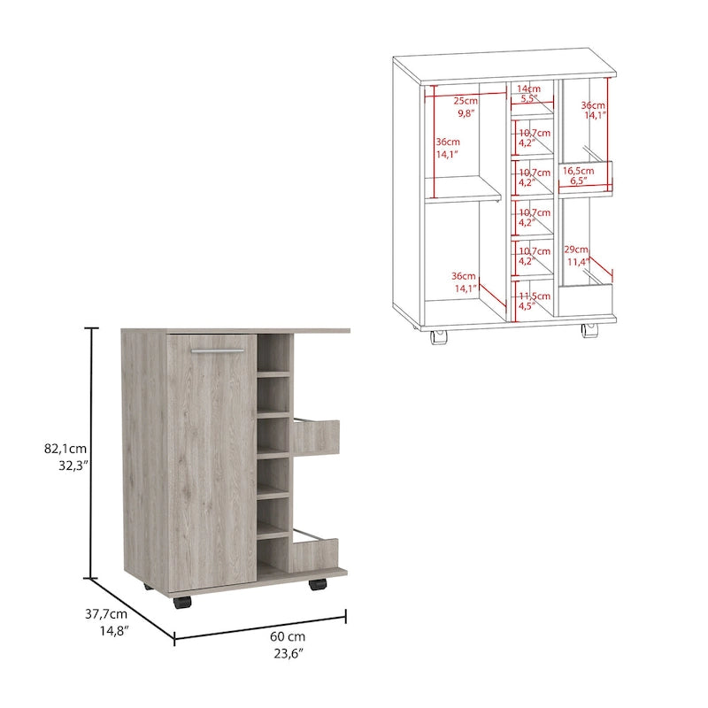 Chariot de bar avec casier à vin, armoire à 1 porte et 6 porte-bouteilles, 60x37,5x82 cm.