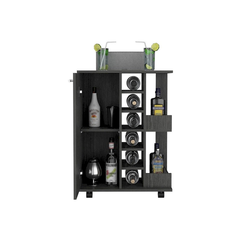 Chariot de bar avec casier à vin, armoire à 1 porte et 6 porte-bouteilles, 60x37,5x82 cm.
