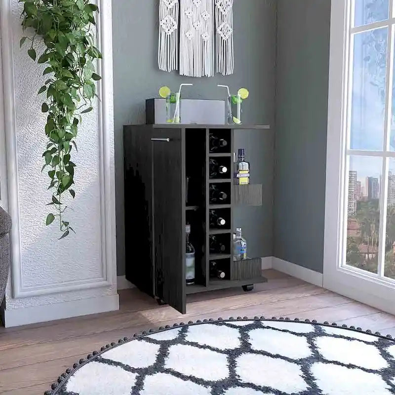 Chariot de bar avec casier à vin, armoire à 1 porte et 6 porte-bouteilles, 60x37,5x82 cm.
