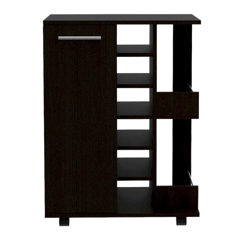 Chariot de bar avec casier à vin, armoire à 1 porte et 6 porte-bouteilles, 60x37,5x82 cm.