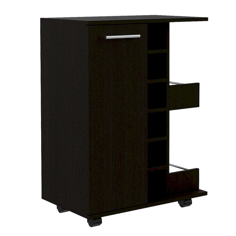 Chariot de bar avec casier à vin, armoire à 1 porte et 6 porte-bouteilles, 60x37,5x82 cm.