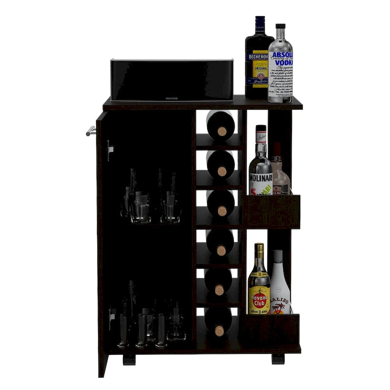Chariot de bar avec casier à vin, armoire à 1 porte et 6 porte-bouteilles, 60x37,5x82 cm.