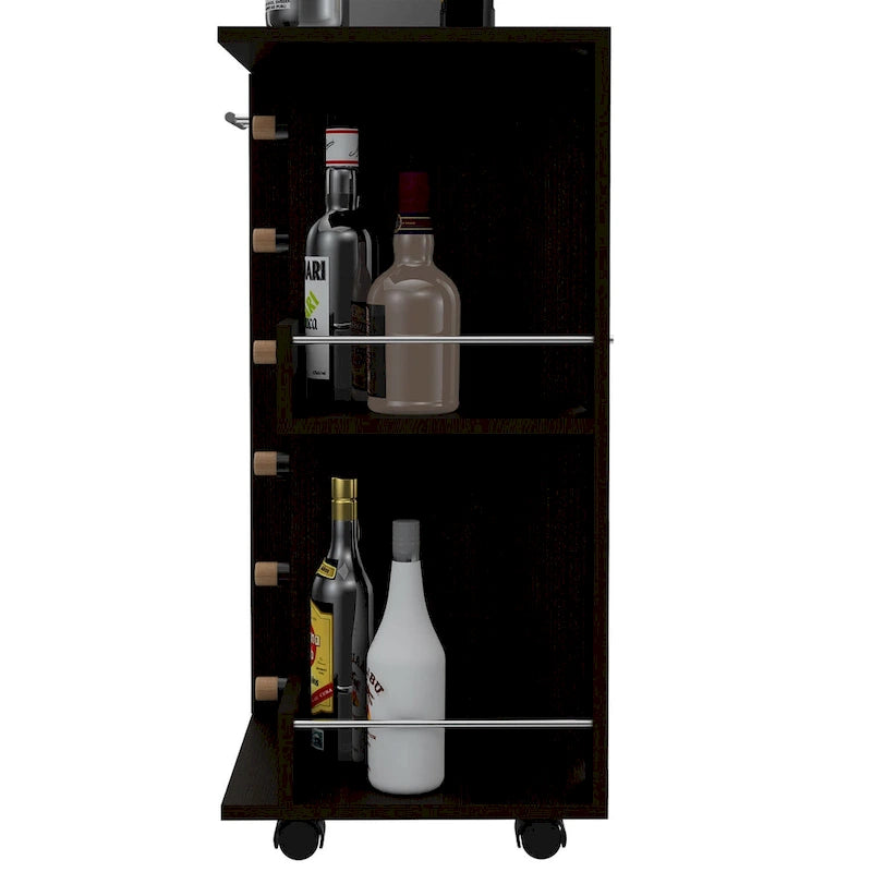 Chariot de bar avec casier à vin, armoire à 1 porte et 6 porte-bouteilles, 60x37,5x82 cm.
