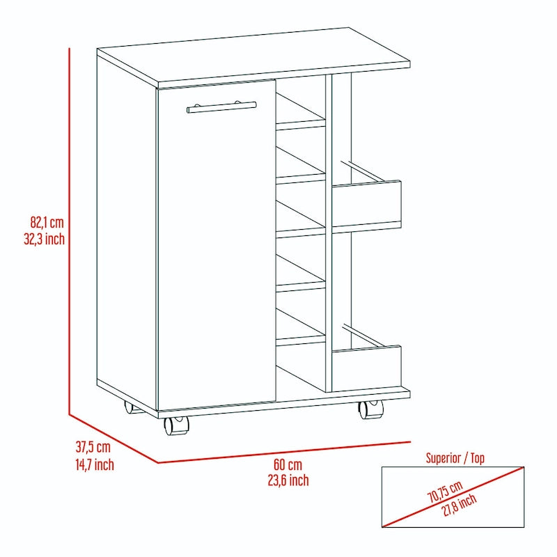Chariot de bar avec casier à vin, armoire à 1 porte et 6 porte-bouteilles, 60x37,5x82 cm.