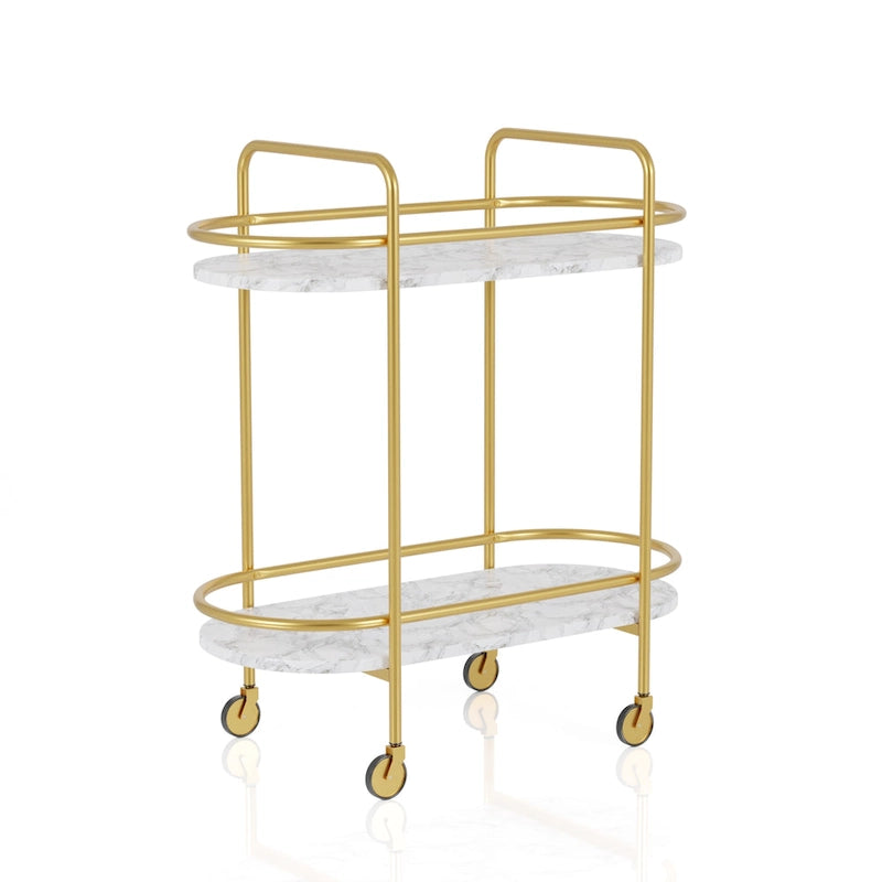 Chariot de service à deux niveaux en faux marbre blanc et doré contemporain avec roulettes