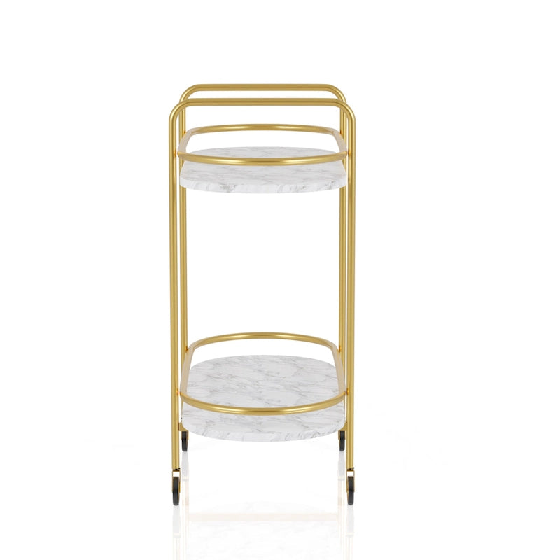 Chariot de service à deux niveaux en faux marbre blanc et doré contemporain avec roulettes