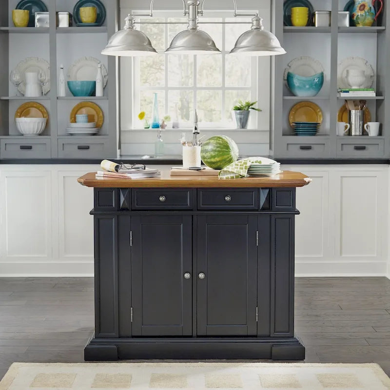 Black Distressed Oak Wood Top Stationary Kitchen Island with Drop Leaf and Storage Drawers