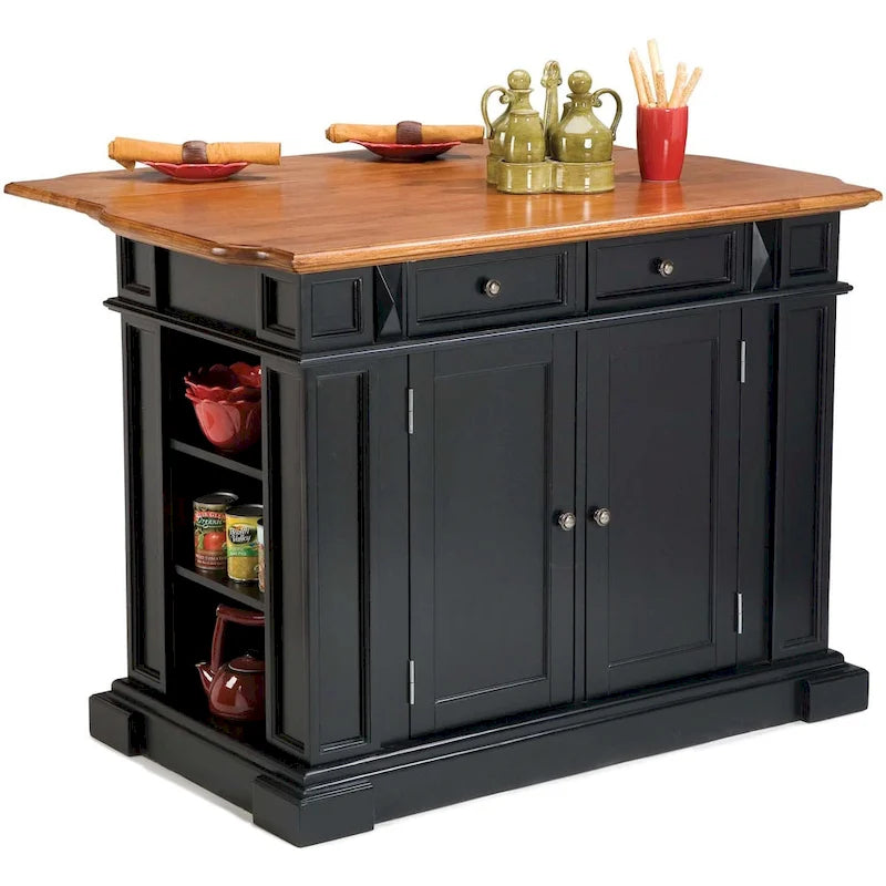 Black Distressed Oak Wood Top Stationary Kitchen Island with Drop Leaf and Storage Drawers