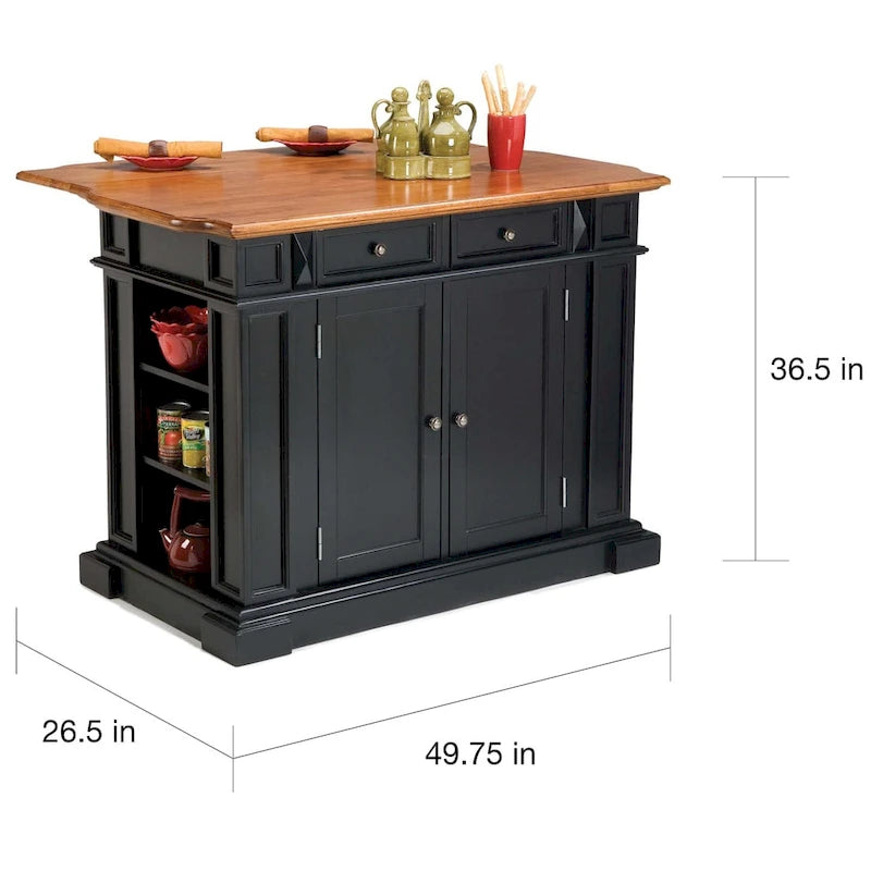 Black Distressed Oak Wood Top Stationary Kitchen Island with Drop Leaf and Storage Drawers