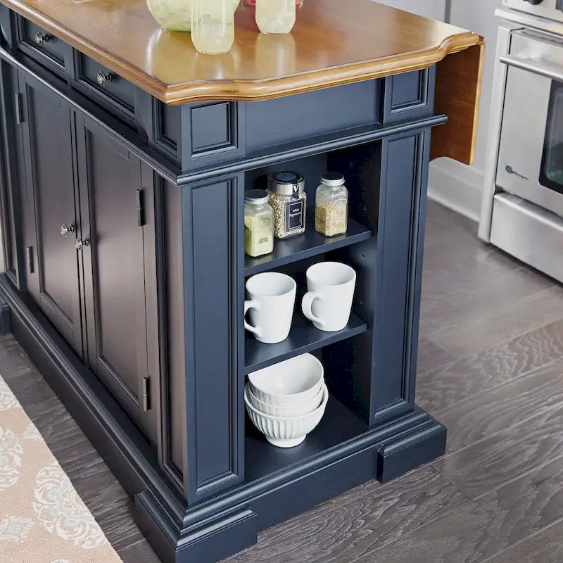 Black Distressed Oak Wood Top Stationary Kitchen Island with Drop Leaf and Storage Drawers