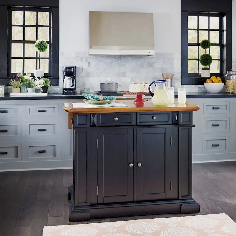 Black Distressed Oak Wood Top Stationary Kitchen Island with Drop Leaf and Storage Drawers