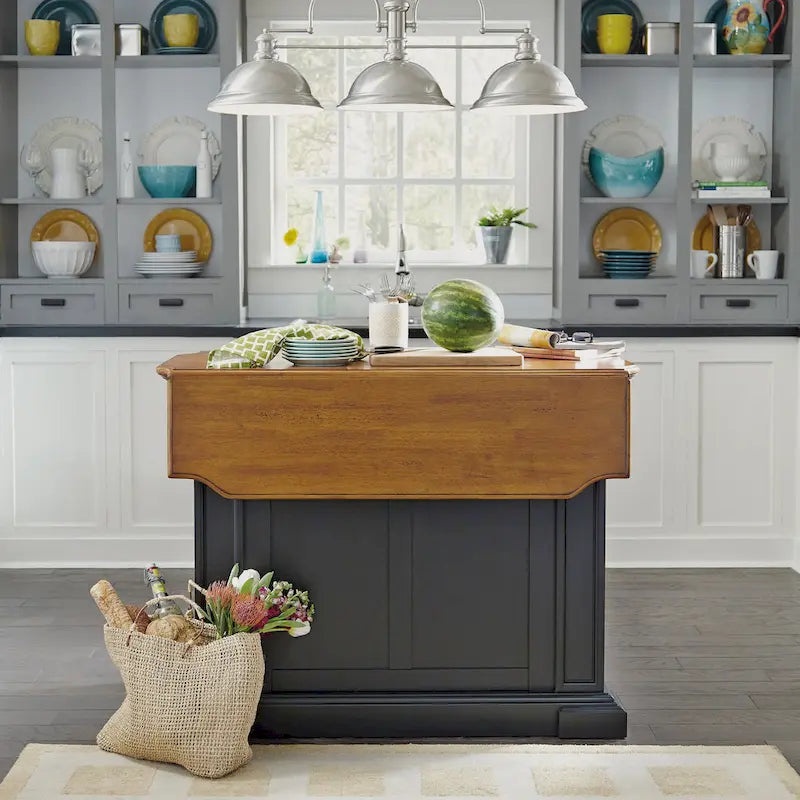 Black Distressed Oak Wood Top Stationary Kitchen Island with Drop Leaf and Storage Drawers