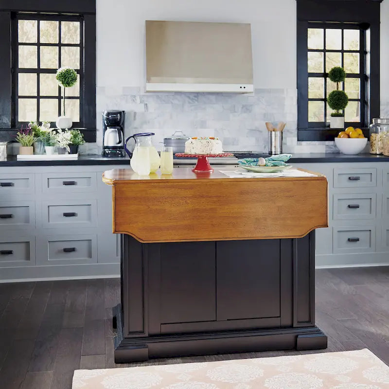 Black Distressed Oak Wood Top Stationary Kitchen Island with Drop Leaf and Storage Drawers