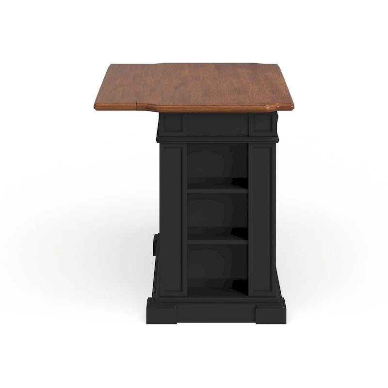 Black Distressed Oak Wood Top Stationary Kitchen Island with Drop Leaf and Storage Drawers
