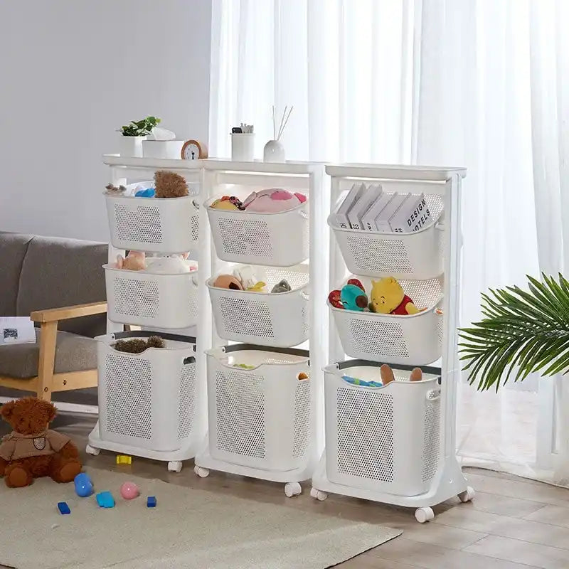 Chariot de rangement roulant à 3 niveaux avec panier portable, étagère supérieure et roulettes