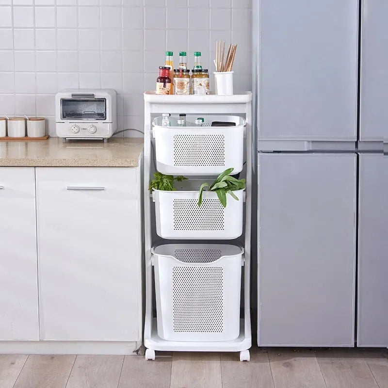 Chariot de rangement roulant à 3 niveaux avec panier portable, étagère supérieure et roulettes