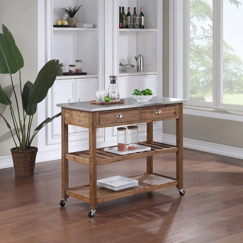 Chariot de cuisine en acier inoxydable brossé avec tiroirs de rangement et roues