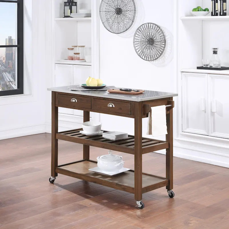 Chariot de cuisine en acier inoxydable brossé avec tiroirs de rangement et roues