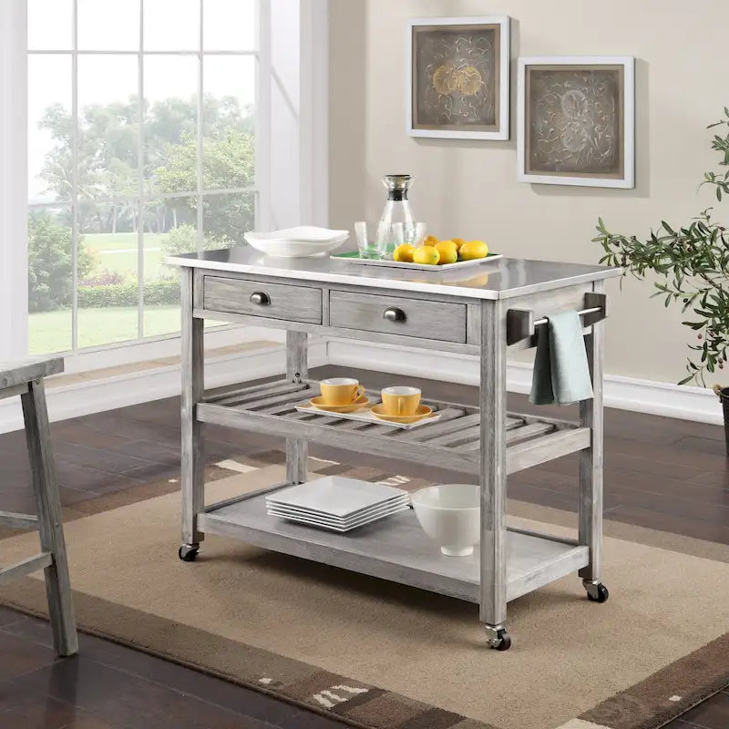 Chariot de cuisine en acier inoxydable brossé avec tiroirs de rangement et roues