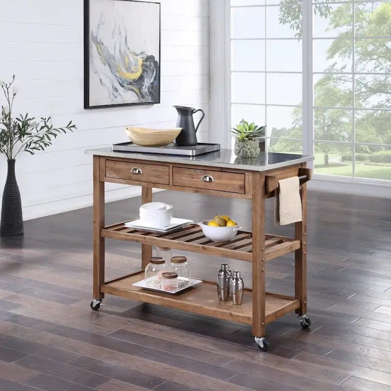 Chariot de cuisine en acier inoxydable brossé avec tiroirs de rangement et roues