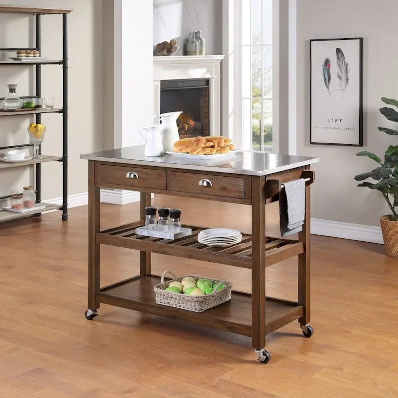 Chariot de cuisine en acier inoxydable brossé avec tiroirs de rangement et roues