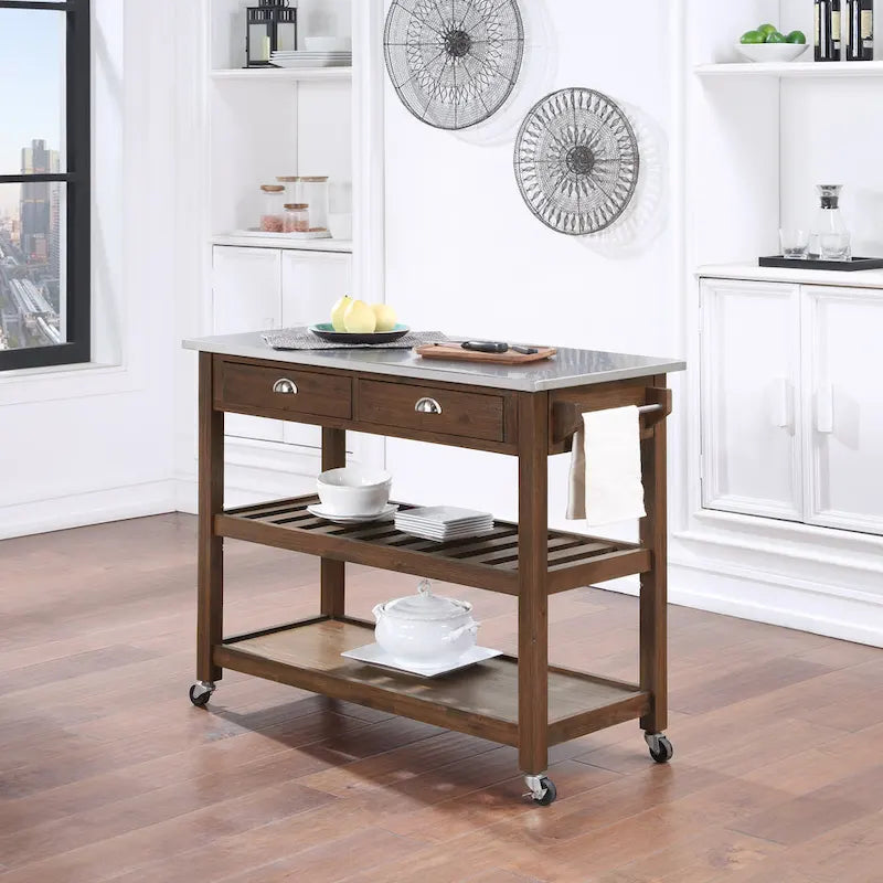 Chariot de cuisine en acier inoxydable brossé avec tiroirs de rangement et roues