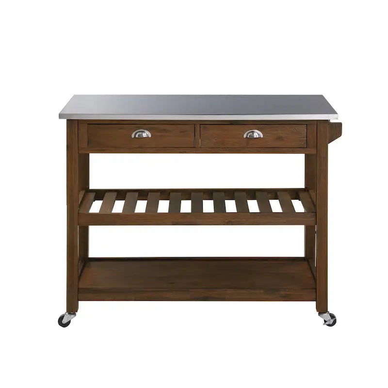 Chariot de cuisine en acier inoxydable brossé avec tiroirs de rangement et roues