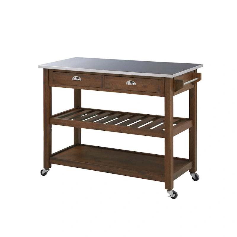 Chariot de cuisine en acier inoxydable brossé avec tiroirs de rangement et roues