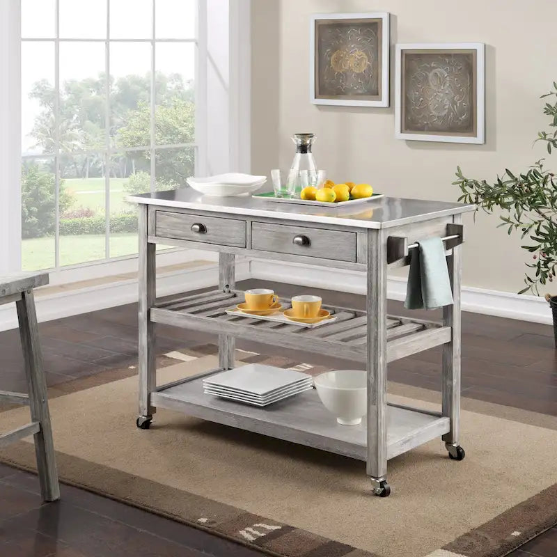 Chariot de cuisine en acier inoxydable brossé avec tiroirs de rangement et roues
