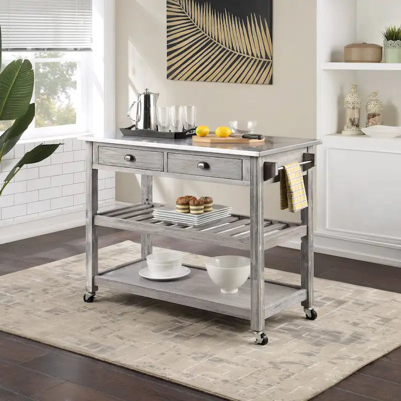 Chariot de cuisine en acier inoxydable brossé avec tiroirs de rangement et roues