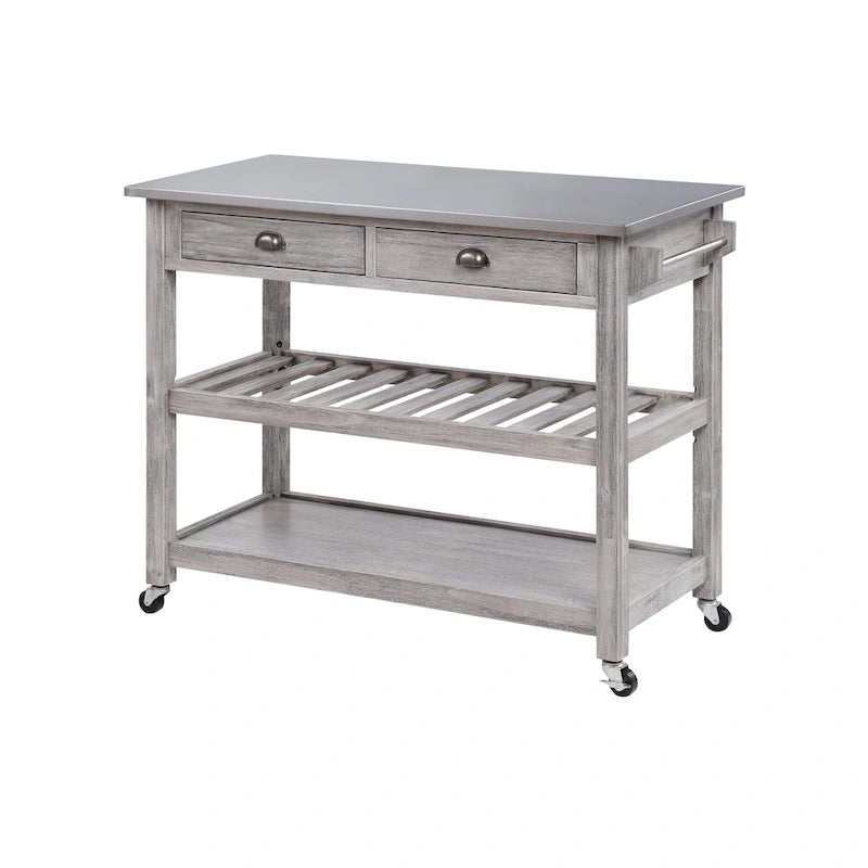 Chariot de cuisine en acier inoxydable brossé avec tiroirs de rangement et roues